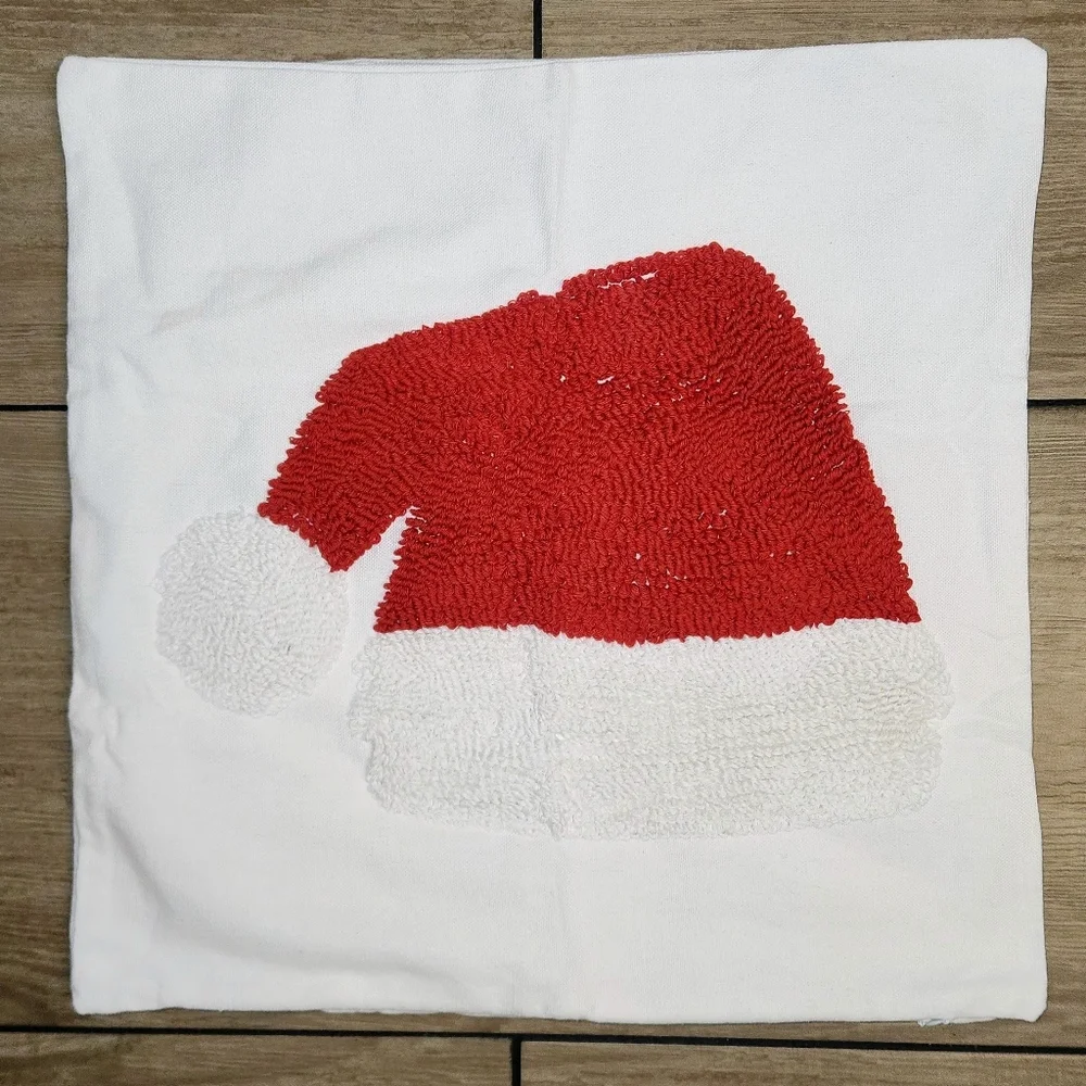 Set of 2 Tufted Santa Hat Pillow Covers Punch Needle Christmas Decor White & Red